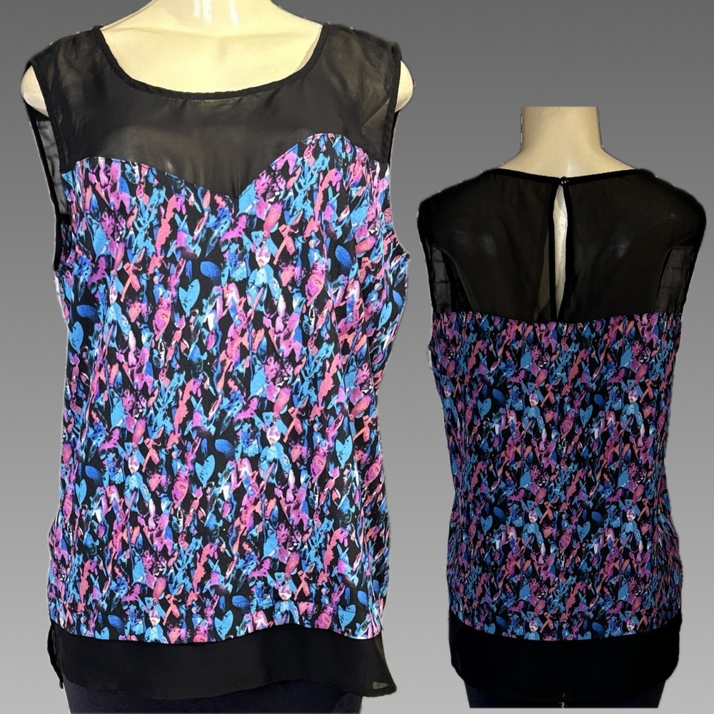 Notations L Blue Pink Multi Abstract Print Black Mesh Detail Sleeveless Blouse
